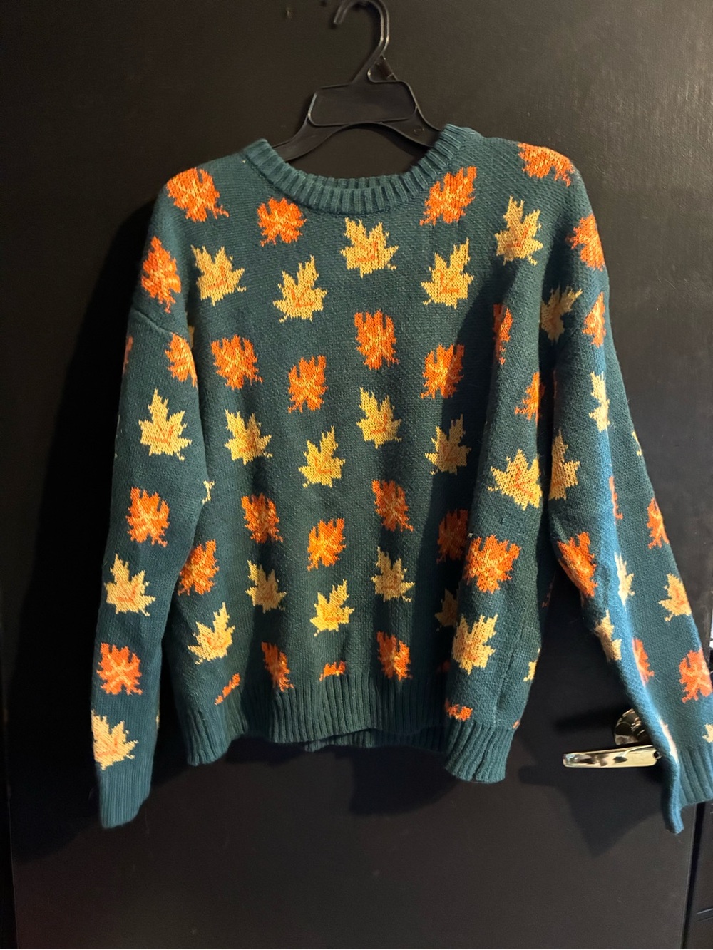 Teal Leaf Pattern Knit Sweater - Orange & Yellow Leaves